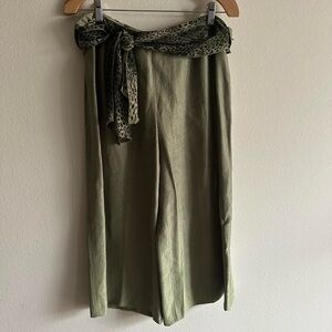 Olive Green Wide-Leg Pants with Leopard Print Belt